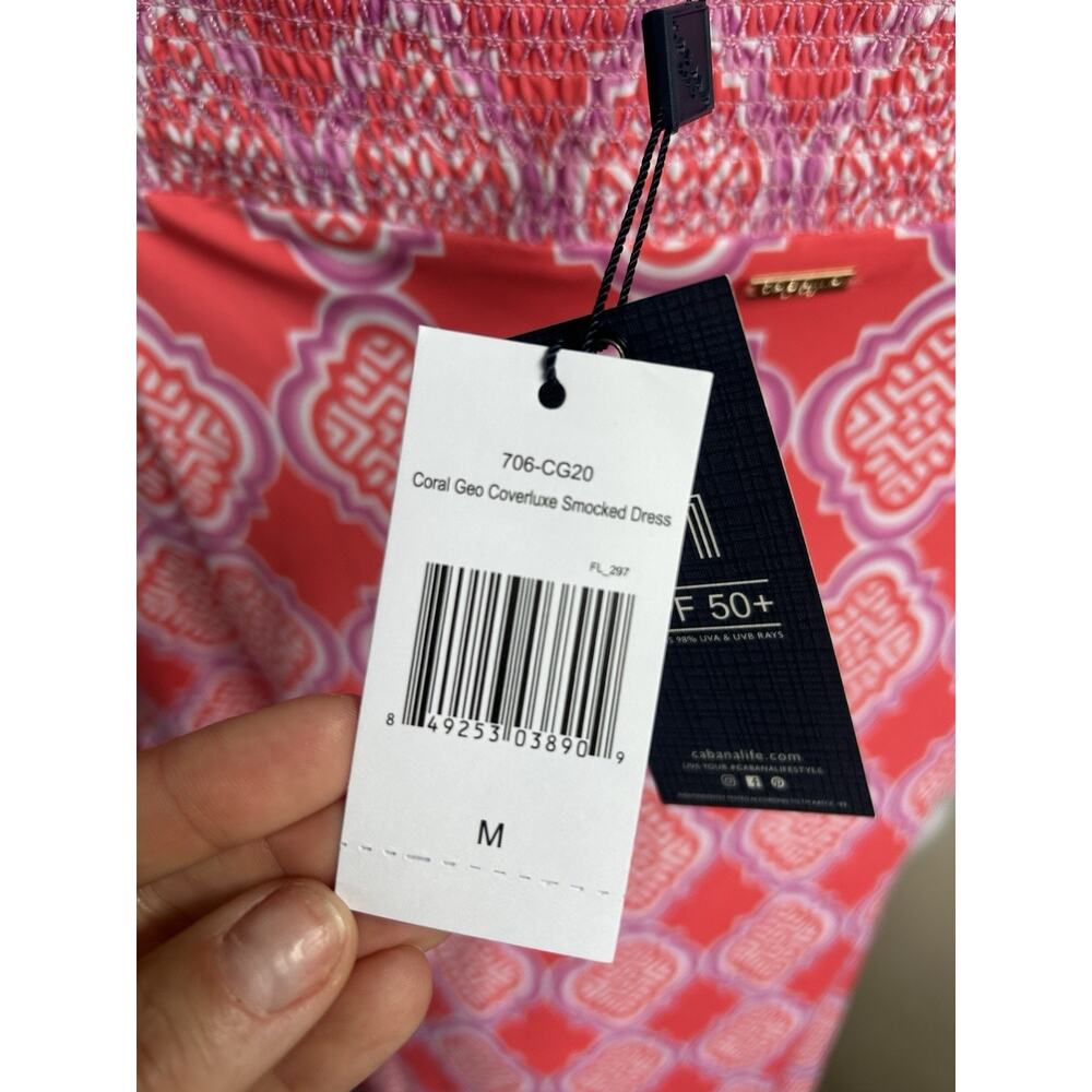 Cabana Life NWT Coral Geo Off Shoulder Tunic Dress Tassel Hem UPF 50 Beach M - Picture 2 of 12
